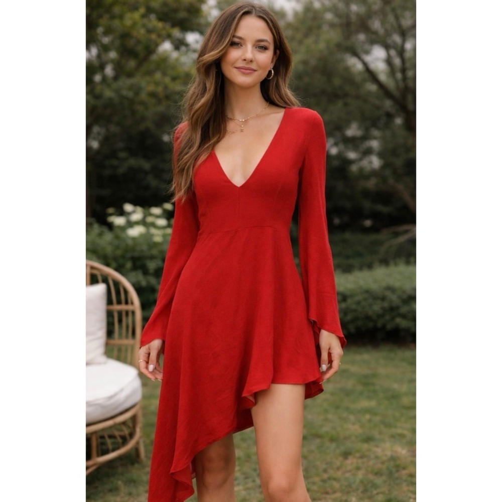 IRO | Vibrant Red V-Neck Split Sleeve Asymmetrical Dress Sz. 36 or a Sz. Small